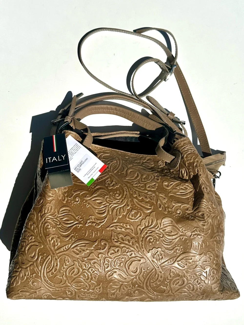 NWT Isadora Italy Tooled Genuine Leather Large Satchel Bag in Tan